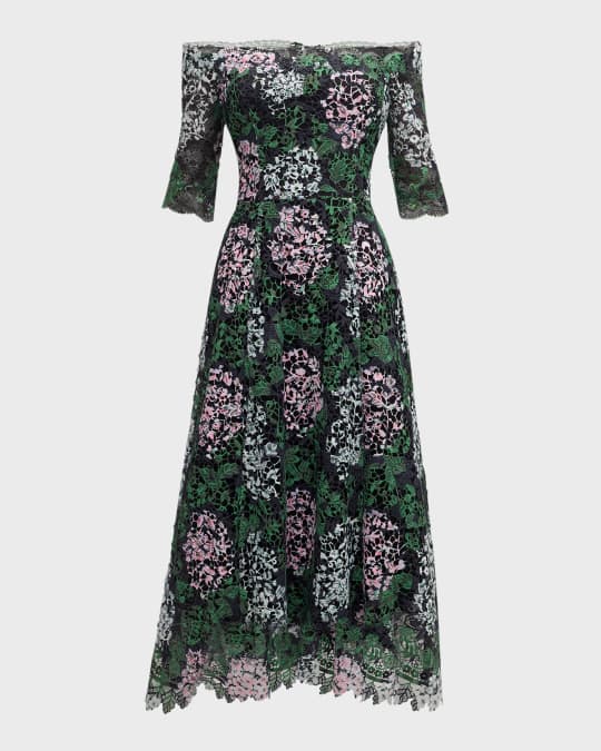 Off-Shoulder Floral Lace Midi Dress