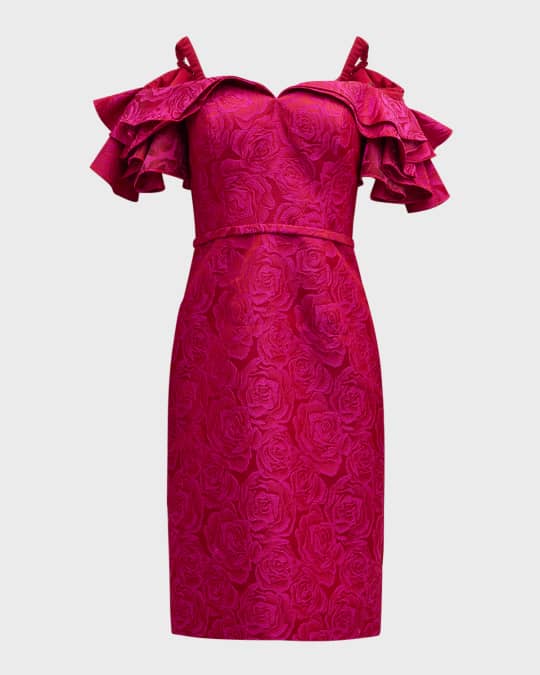 Ruffle Off-Shoulder Floral Jacquard Dress