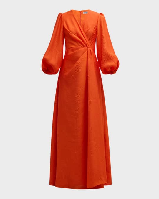 Eden Pleated Blouson-Sleeve Jacquard Gown