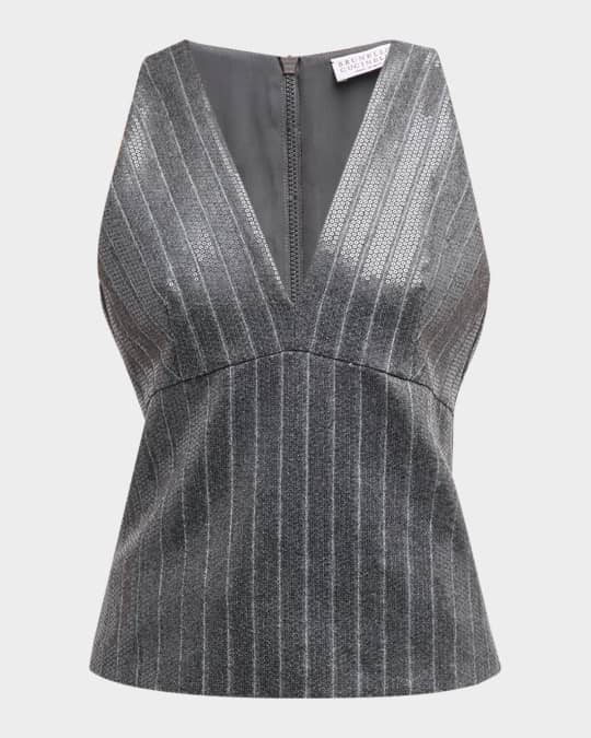 Pinstripe Sequin Embroidered Flannel Sleeveless Top