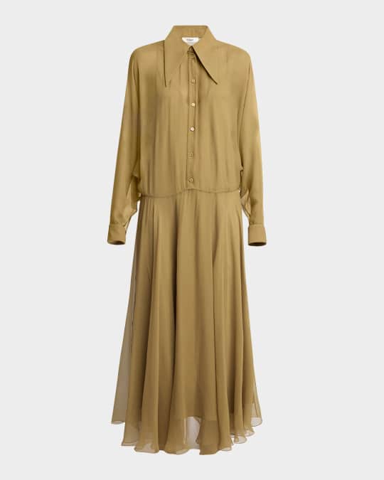 Long-Sleeve Organic Silk Maxi Shirtdress