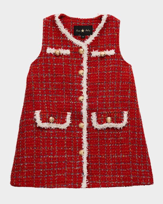 Petite Hailey Girl's Tweed Dress W/ Gold Buttons, Size 2-10 | Neiman Marcus