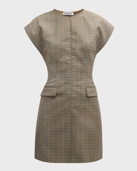 Cap-Sleeve Plaid Houndstooth Mini Dress