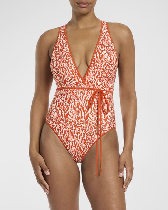 Coral Ditsy Plunge One-Piece Swimsuit 