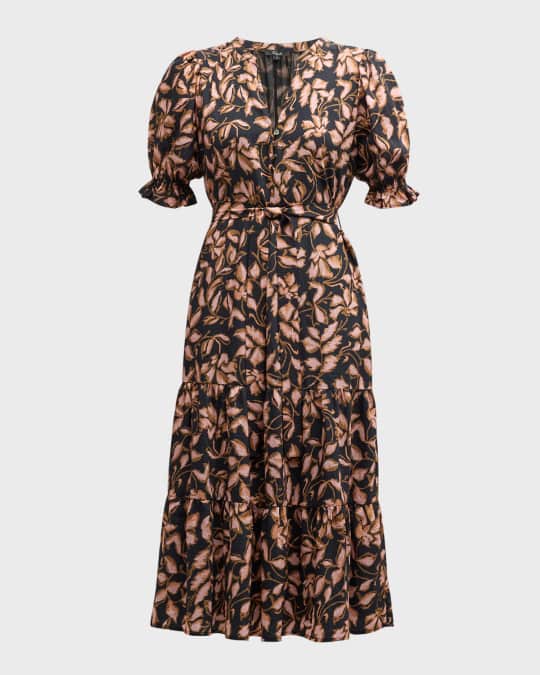 navy dress brown belt Baltic Born Womens Kearny Ruffle Maxi Dress | Brown + Natural | Color: Brown Floral main image 1