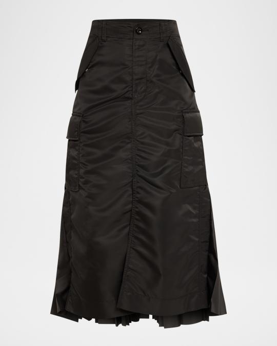 sacai Nylon-Twill Pleated Cargo Midi Skirt | Neiman Marcus
