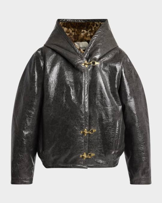 【関税込み】Isabel Marant ファー & シアリング Isabel Marant Lanniya Vinyl Coat with Leopard Faux Fur