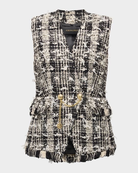 Danni Chain-Embellished Frayed Tweed Vest