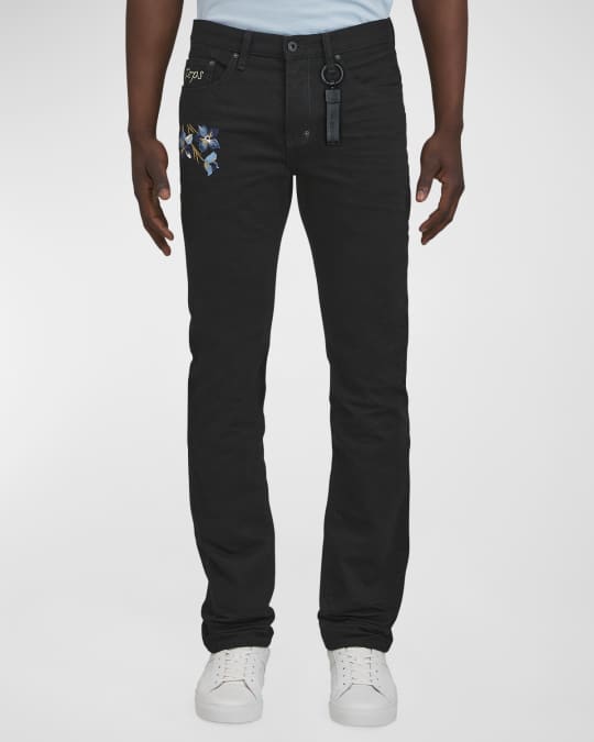 Men's Peony Embroidered Slim-Straight Pants
