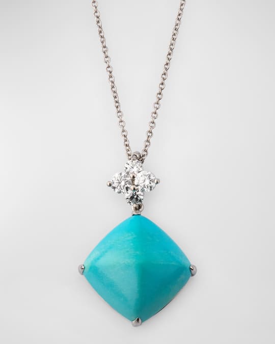 Estate Platinum Sugarloaf Turquoise and Diamond Pendant Necklace, 18"L