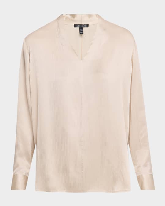 V-Neck Striated Silk Satin Top