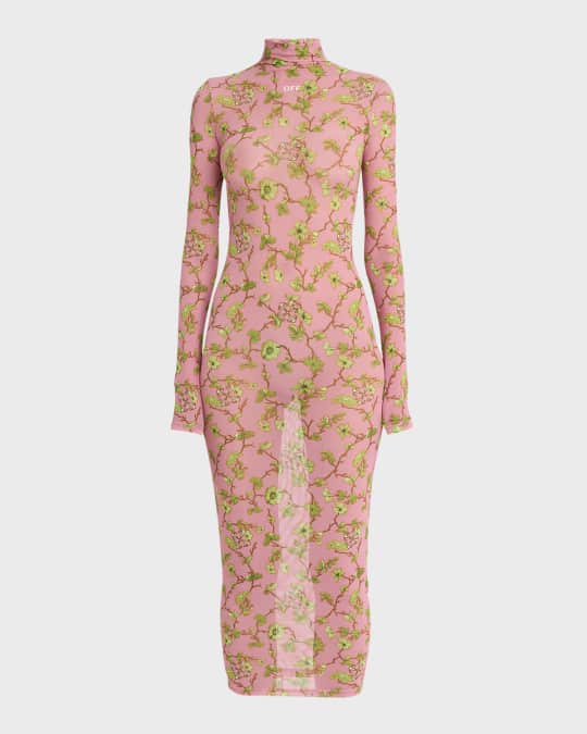 FLORAL AND RAMAGE EMBROIDERY MIDI DRESS IN BROWN