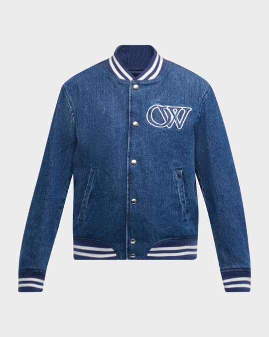 【関税＆送料込み】Off-White Denim Varsity Jacket Off-White Logo Embroidered Denim Varsity Bomber Jacket