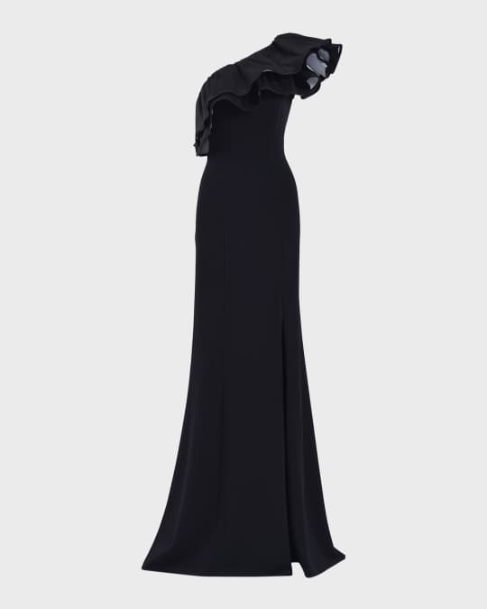 【Tadashi Shoji】RADY TWIST-DRAPE ONE-SHOULDER GOWN Black Tadashi Shoji Crepe One Shoulder Drape Twist Knot Gown
