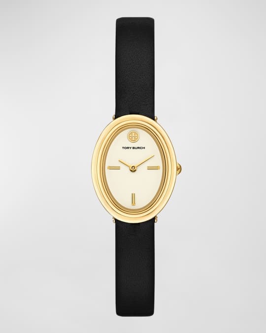 Oval Gold-Tone Stainless Steel Black Leather Watch
