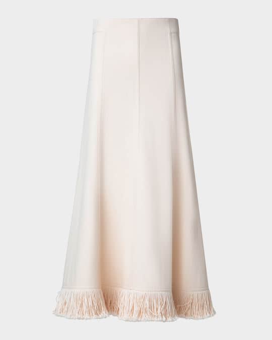 Fringe-Hem Cotton-Wool Denim Midi Skirt