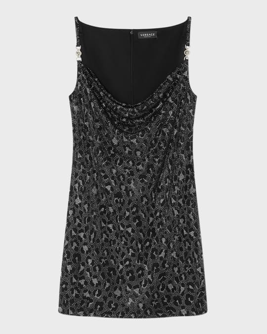 Leopard Crystal Cowl-Neck Liquid Jersey Mini Dress