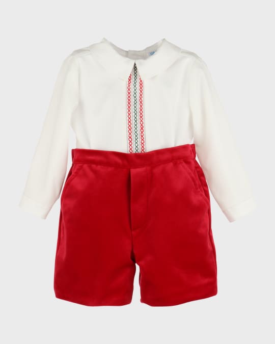 Boy's Embroidered Top & Velvet Shorts Set, Size 6M-24M