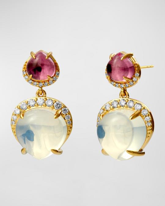 Syna 18K Yellow Gold Mogul Earrings with Rubellite, Moon Quartz, and ...