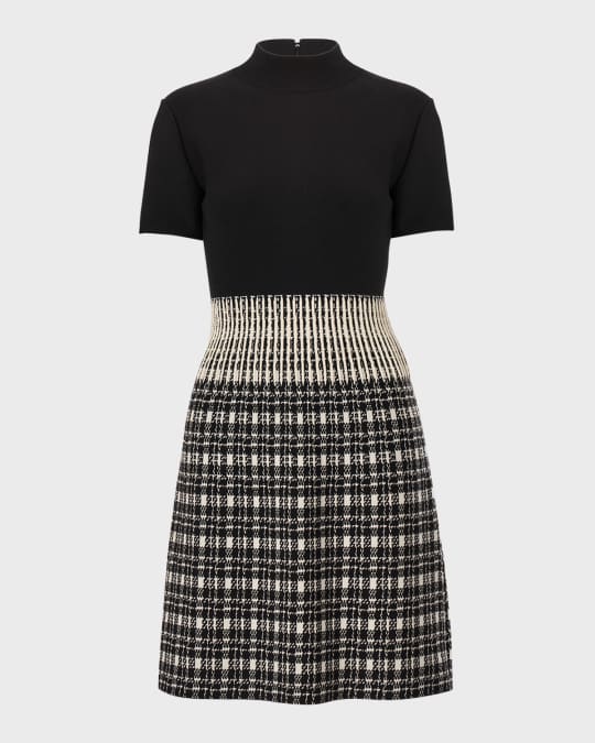 Mock-Neck Short-Sleeve Check Dress