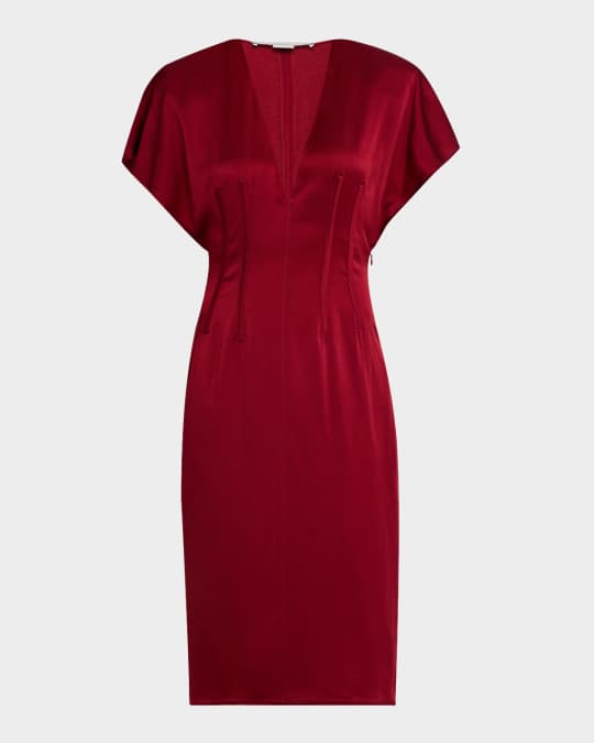 Stella McCartney Corset Seamed Midi Dress with Shoulder Pads