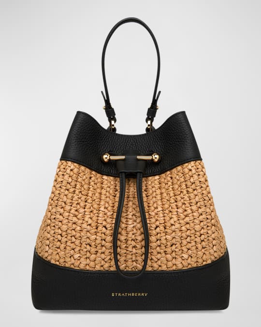 Lana Osette Midi Raffia & Leather Bucket Bag