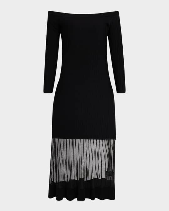 Milly Off Shoulder Sheer Inset Knit Midi Dress Neiman Marcus