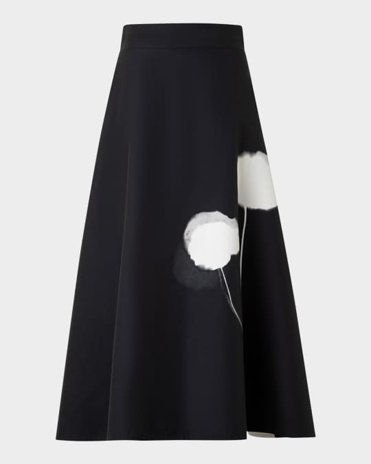 Windflower-Print Cotton Silk A-Line Midi Skirt