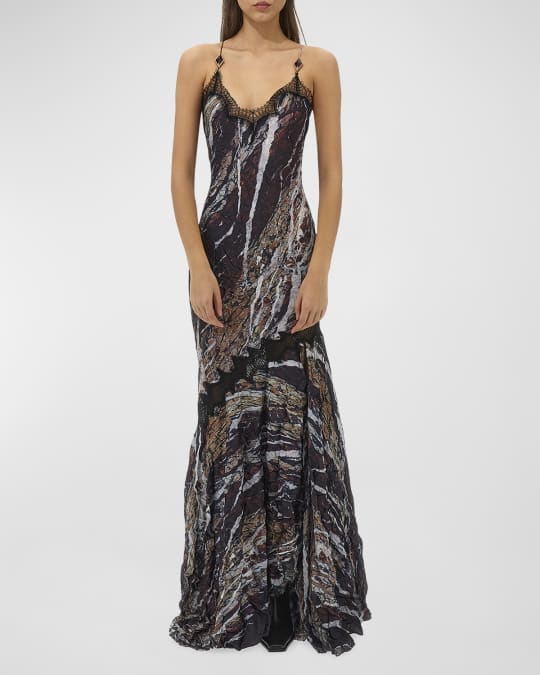 Roberto Cavalli Marble-Print Backless Trumpet Slip Dress | Neiman Marcus