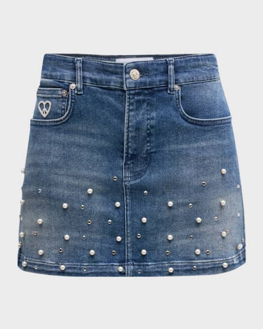 Moschino Jeans Pearl-Embellished Denim Mini Skirt | Neiman