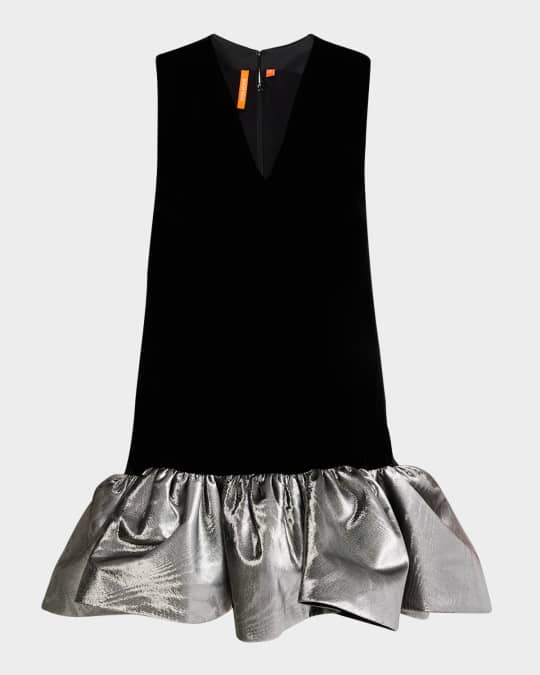 Sleeveless Velvet Mini Babydoll Dress With Metallic Ruffle