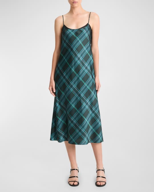 Vince Plaid Lace-Trim Slip Dress Neiman Marcus