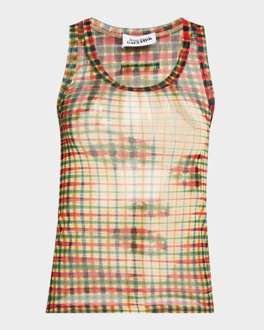 Jean Paul Gaultier Tartan Face-Print Mesh Tank Top | Neiman