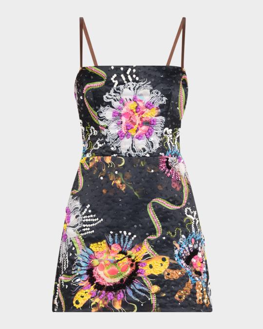 Cynthia Rowley Embellished Leather-Trim Satin Mini Dress