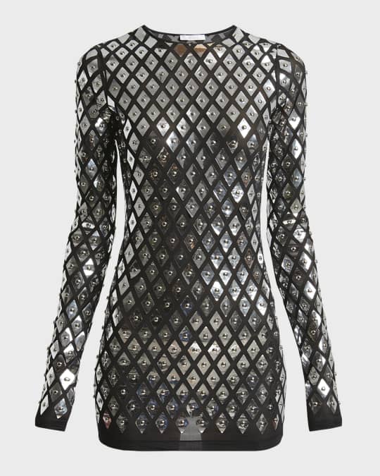 Rabanne Studded Long-Sleeve Mini Dress Neiman Marcus