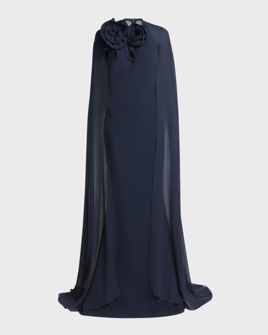 Elie Saab Flower-Neck Cape Trumpet Gown | Neiman Marcus