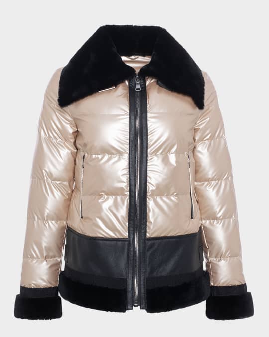 Shiny Quilted Jacket With Lamb Shearling Trim