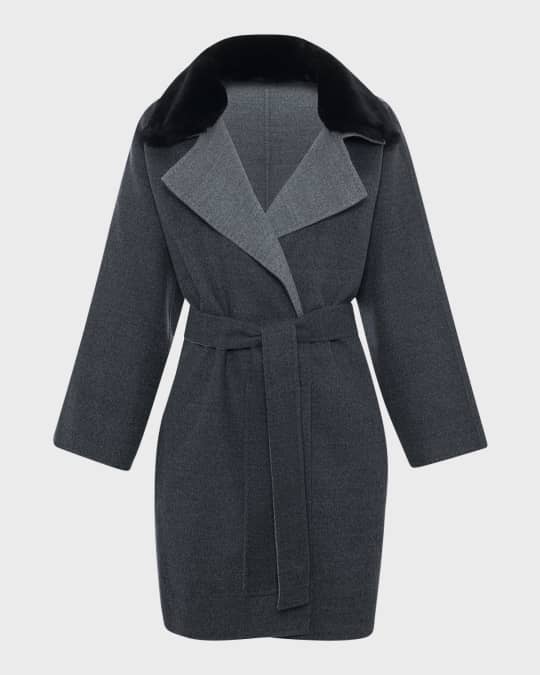 Reversible Belted  Wool Stroller Coat with Detachable Lamb Shearling Collar