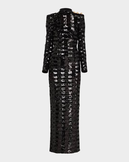 Three-Button Sequin Embroidered Backless Gown