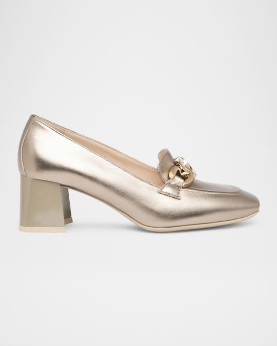 Chain Metallic Leather Loafer Pumps