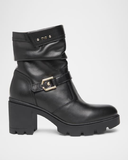 Slouchy Leather Buckle Short Moto Boots