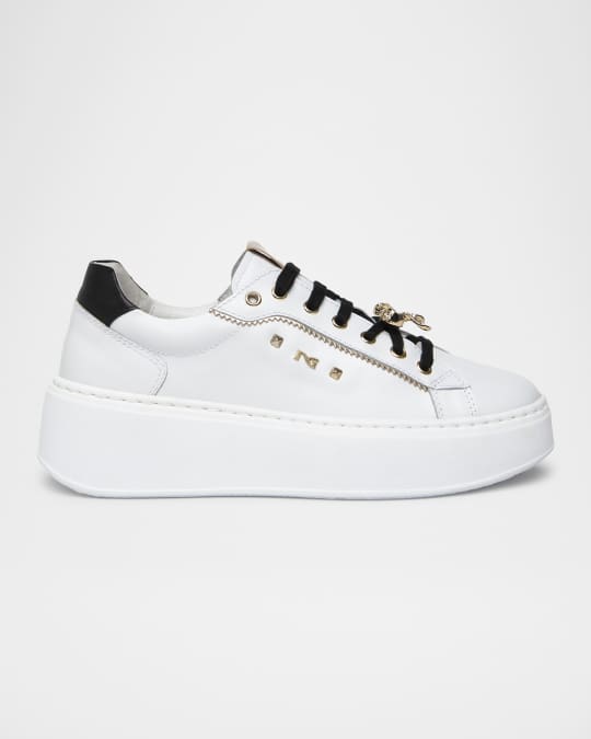 Gems Mixed Leather Bow Skater Sneakers