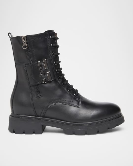 Leather Logo Cuff Combat Booties