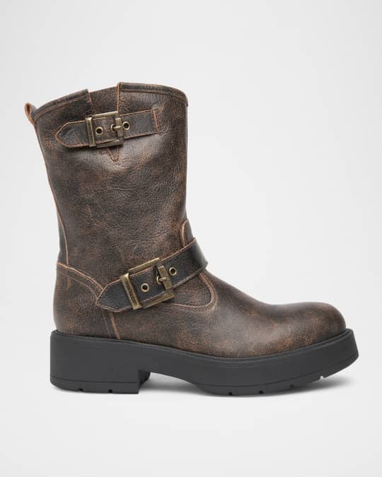Leather Buckle Short Moto Booties