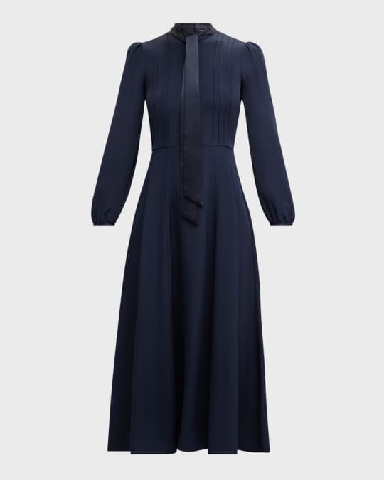 Alison Long-Sleeve Scarf-Neck Silk Crepe Midi Dress