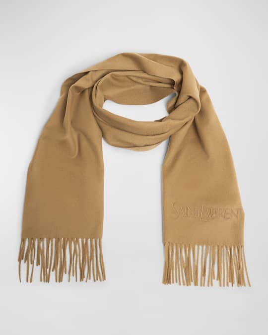 Saint Laurent Embroidered Logo Fringe Cashmere Scarf