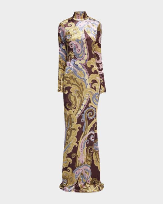 ラウンド  Maxi Long-Sleeve Velvet Crushed Paisley Etro Dress Neiman | トップス