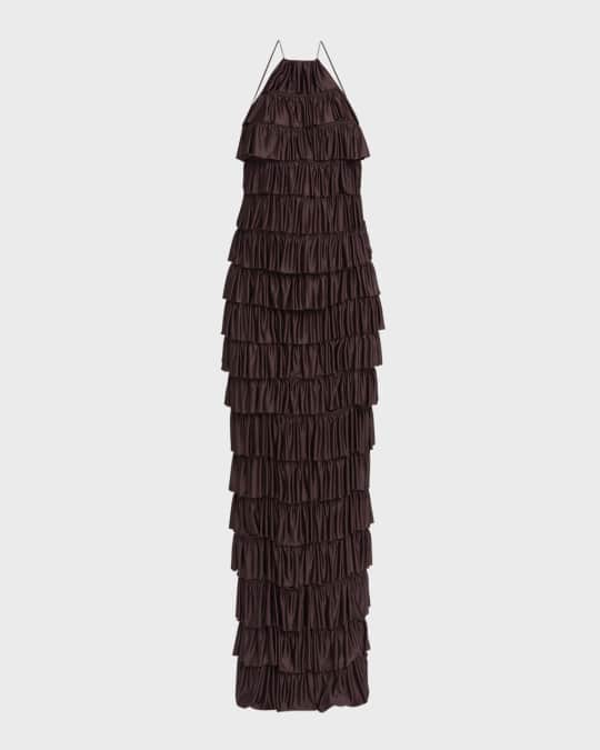 Tiered Ruffle Jersey Halter Gown