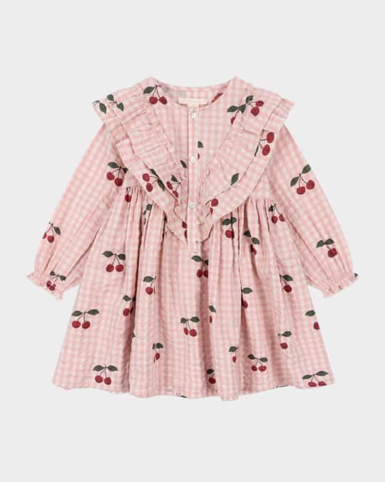 Girl's Kim Frill Check Cherry Print Dress, Size 12M-8