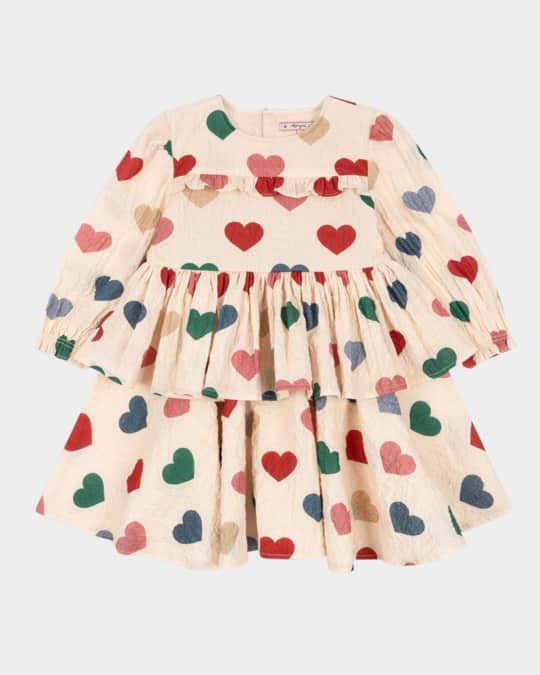Girl's Elin Heart-Print Frill Dress, Size 2-8